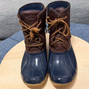 Sperry Women's Blue Brown Duck Rain Boots STS91175 Water Resistant Size 7M